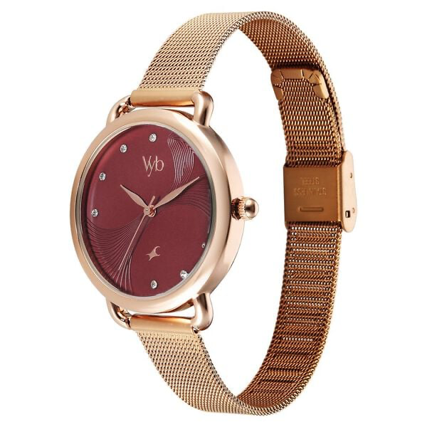 FV60091WM02 Vyb Classiqu� By Fastrack Quartz Analog Maroon Dial Rose Gold Stainless Steel Strap Watch For Girls