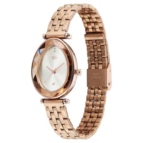 FV60097WM01 Vyb Prodigy By Fastrack Quartz Analog Silver Dial Rose Gold Stainless Steel Strap Watch