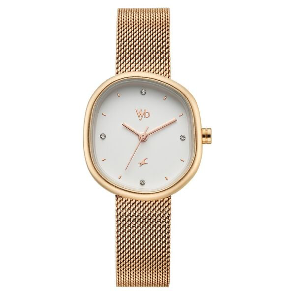 FV60087WM01 Vyb Muse By Fastrack Quartz Analog White Dial Rose Gold Stainless Steel Strap Watch