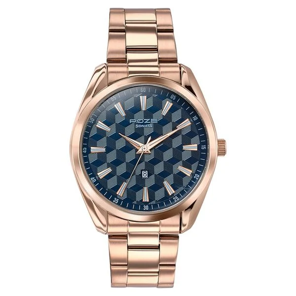 Sonata Poze Quartz Analog Blue Dial Rose Gold Colour Stainless Steel Strap Watch For Men