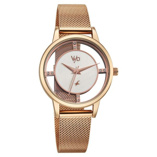FV60090WM01 Vyb Runway By Fastrack Quartz Analog White Dial Rose Gold Stainless Steel Strap Watch