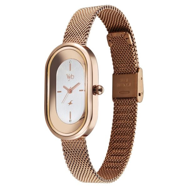FV60095WM01 Vyb Mirage By Fastrack Quartz Analog Silver Dial Rose Gold Stainless Steel Strap Watch