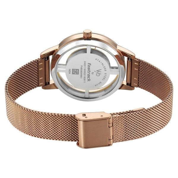 FV60090WM01 Vyb Runway By Fastrack Quartz Analog White Dial Rose Gold Stainless Steel Strap Watch
