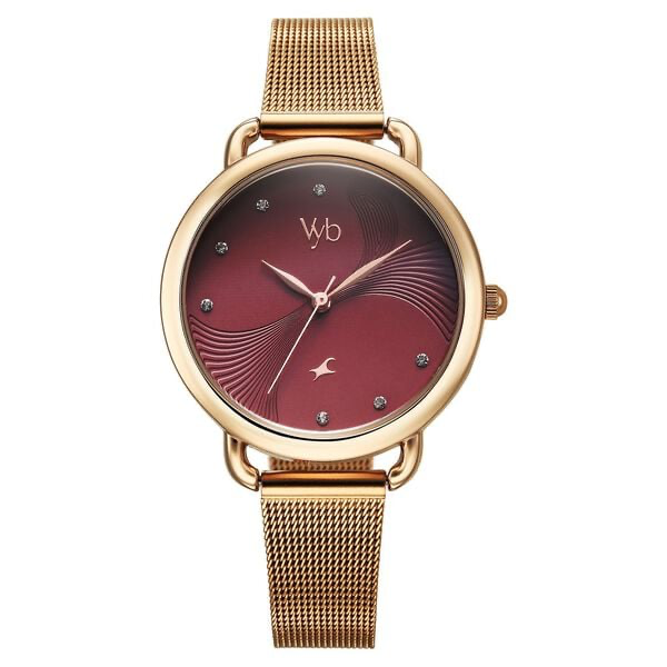 FV60091WM02 Vyb Classiqu� By Fastrack Quartz Analog Maroon Dial Rose Gold Stainless Steel Strap Watch For Girls