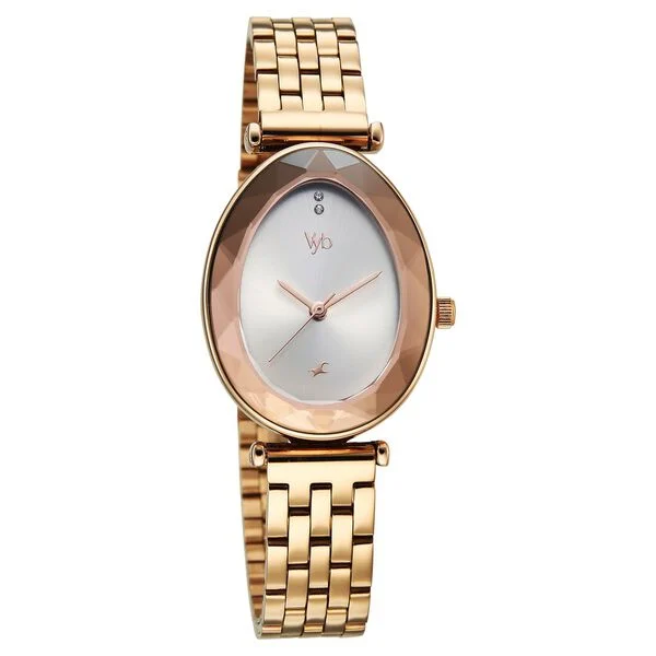 FV60097WM01 Vyb Prodigy By Fastrack Quartz Analog Silver Dial Rose Gold Stainless Steel Strap Watch