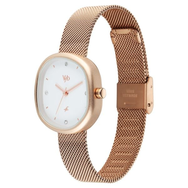 FV60087WM01 Vyb Muse By Fastrack Quartz Analog White Dial Rose Gold Stainless Steel Strap Watch