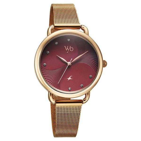 FV60091WM02 Vyb Classiqu� By Fastrack Quartz Analog Maroon Dial Rose Gold Stainless Steel Strap Watch For Girls