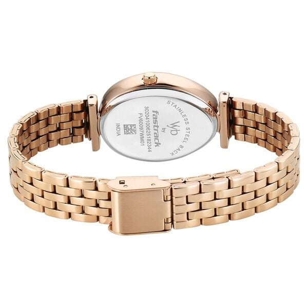FV60097WM01 Vyb Prodigy By Fastrack Quartz Analog Silver Dial Rose Gold Stainless Steel Strap Watch