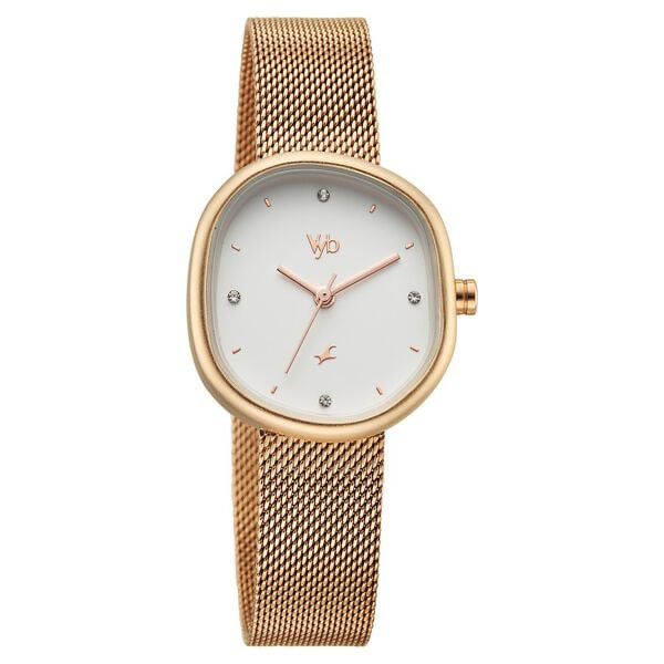 FV60087WM01 Vyb Muse By Fastrack Quartz Analog White Dial Rose Gold Stainless Steel Strap Watch