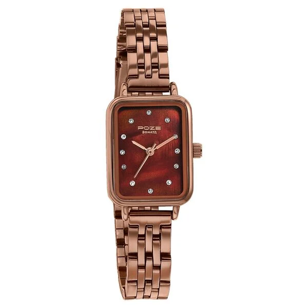 SP80133QM01 Sonata Poze Quartz Analog Mother Of Pearl Dial Brown Metal Strap