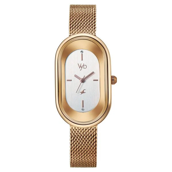 FV60095WM01 Vyb Mirage By Fastrack Quartz Analog Silver Dial Rose Gold Stainless Steel Strap Watch
