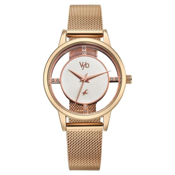 FV60090WM01 Vyb Runway By Fastrack Quartz Analog White Dial Rose Gold Stainless Steel Strap Watch