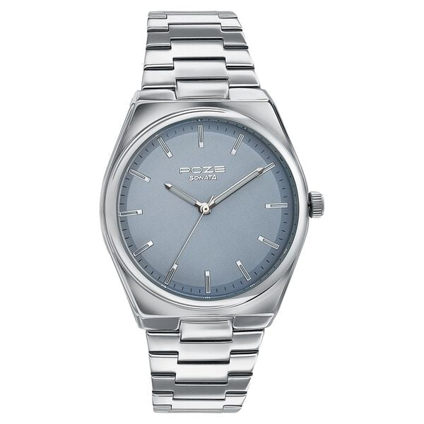 Sonata Poze Quartz Analog Blue Dial Silver Metal Strap Watch For Men SP70078SM01