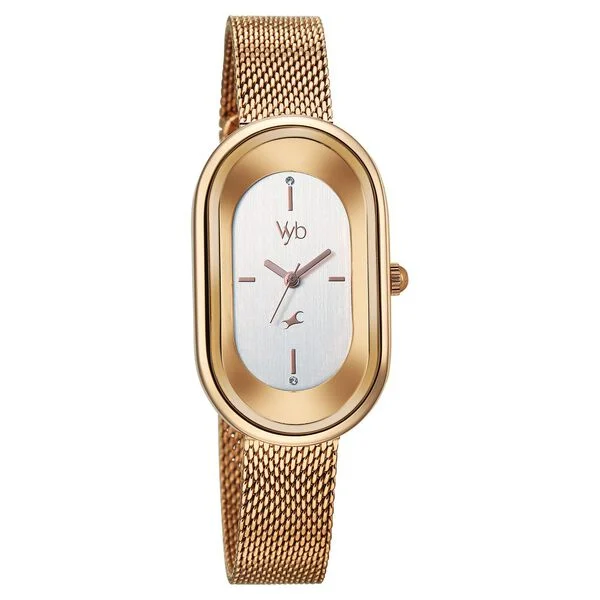 FV60095WM01 Vyb Mirage By Fastrack Quartz Analog Silver Dial Rose Gold Stainless Steel Strap Watch
