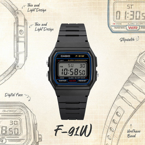 Casio Youth Series Digital Black Dial Unisex Watch F-91W-1Q, (D002)